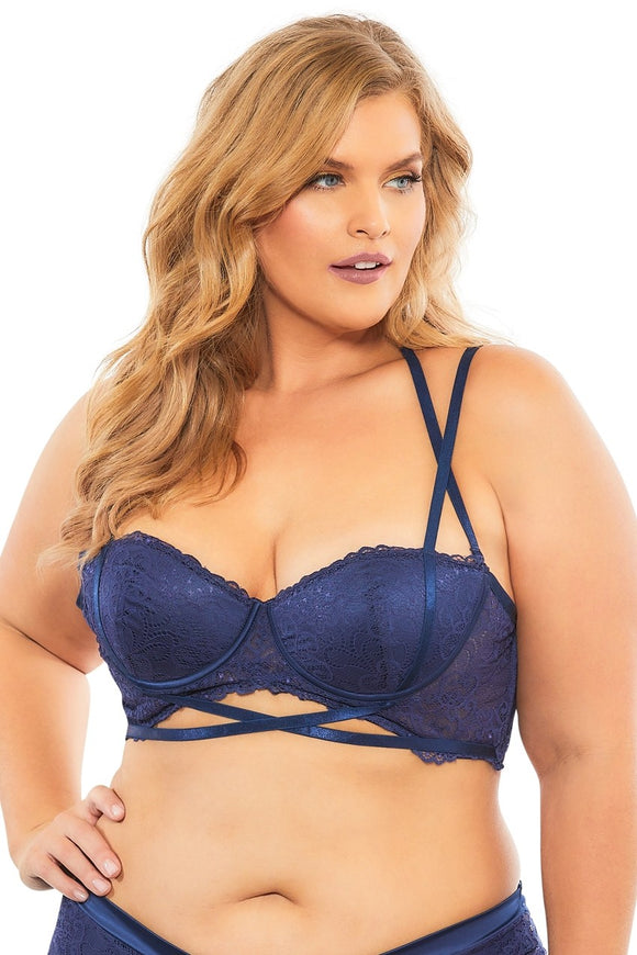 Lace Push Up Balconette Bra With Crossing Halter Straps - Estate Blue - 4x OH-11-10823XEB4
