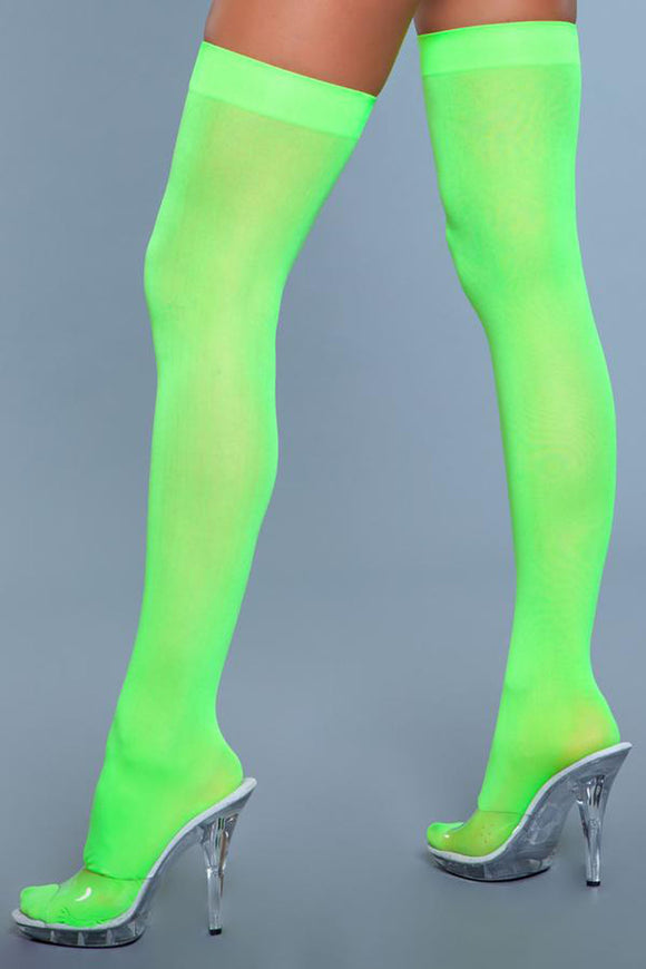 Opaque Nylon Thigh Highs - Neon Green - One Size BW-1932NGRN