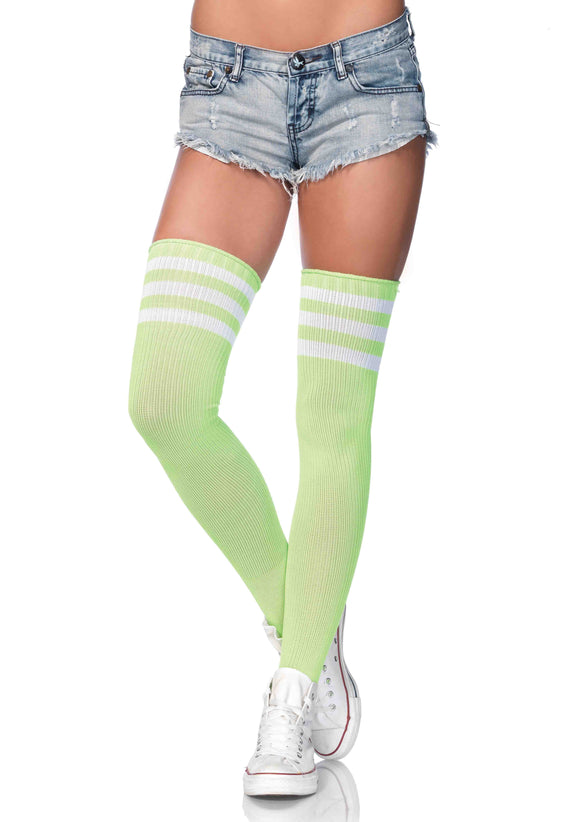3 Stripes Athletic Ribbed Thigh Highs - One Size - Neon Green LA-6605NGRN