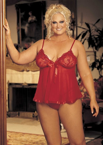 Sequin Embroidery and Sheer Net Babydoll - Queen Size - Red HOT-96121QRED