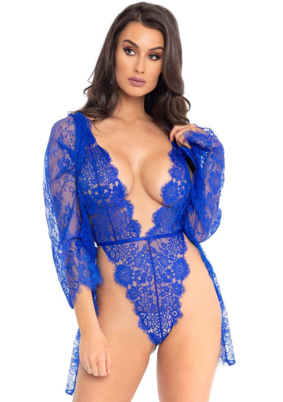 3pc Lace Teddy and Robe Set - Royal Blue - Small LA-86112RYLBLUS
