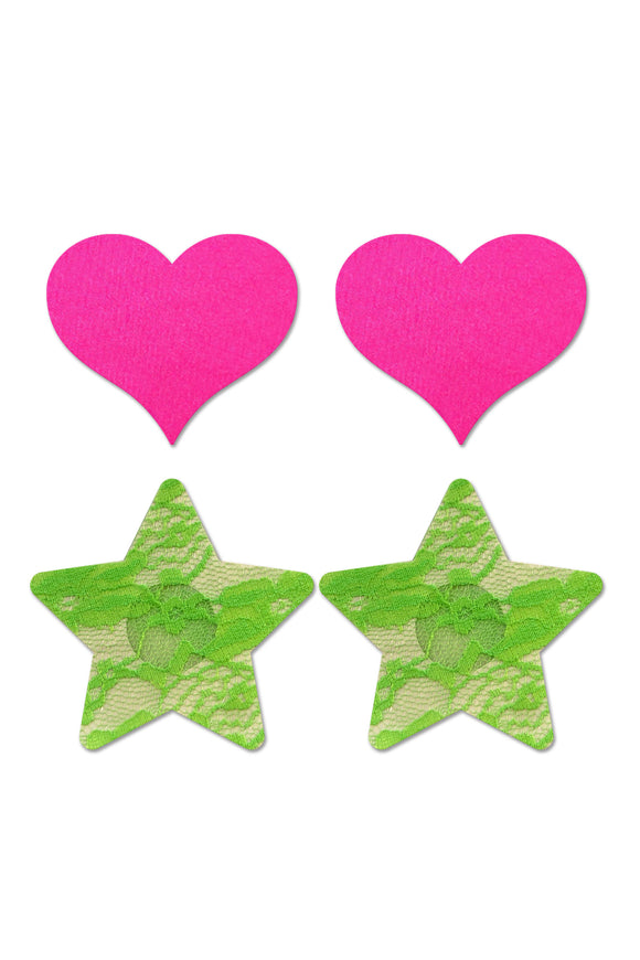 Fashion Pasties Set - Neon Pink Satin Heart and  Neon Green Lace Star FL-FLA102NEON