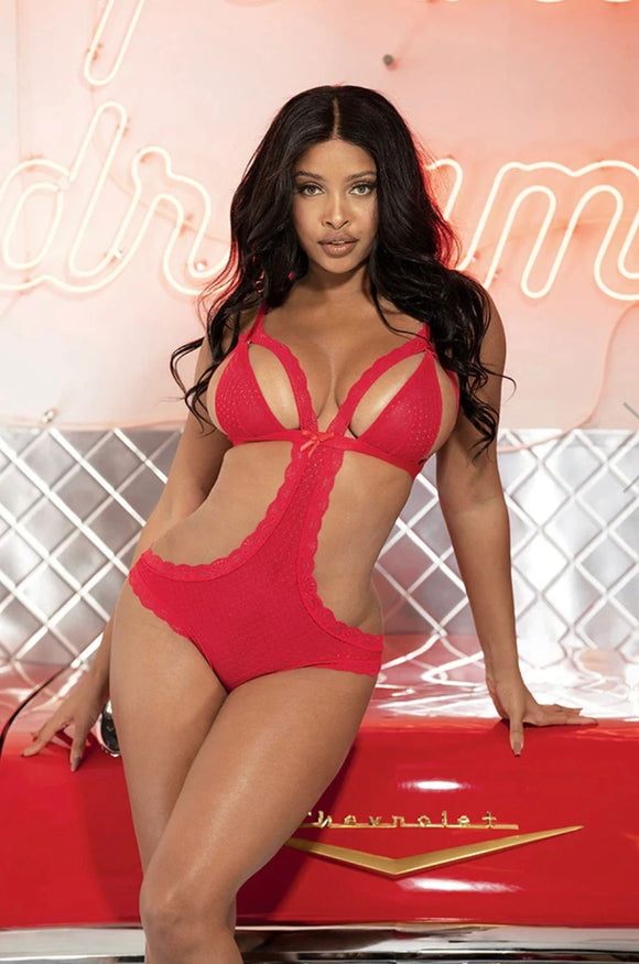 Fun and Flirty Stretch Mesh and Lace Peek-a-Boo  Teddy - One Size - Red HOT-96839REDOS