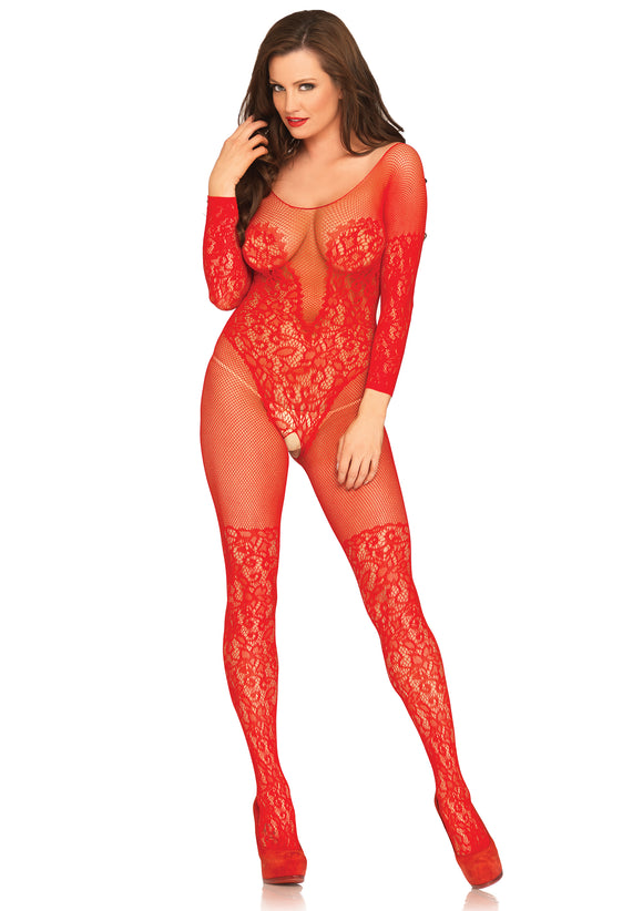 Vine Lace & Net Long Sleeved Bodystocking - One  Size - Red LA-89190RED