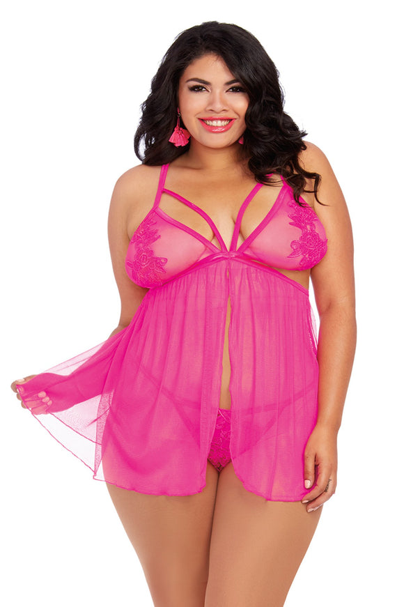Babydoll and G-String - Queen Size - Hot Pink DG-12037XHPQ
