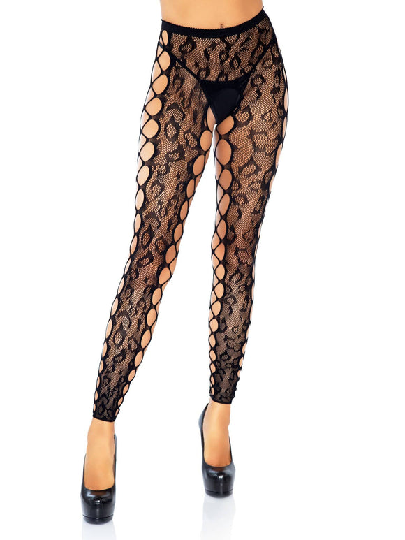 Footless Leopard Lace Crotchless Tights - Black LA-7812BLK