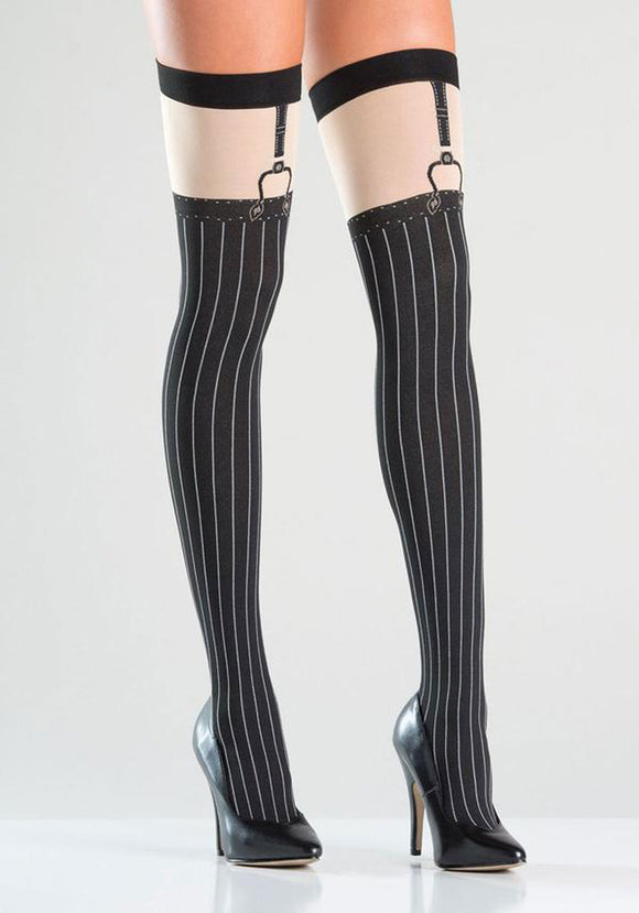 Opaque Faux Suspender Thigh Highs - Black-Nude With Pinstrip Design BW-772