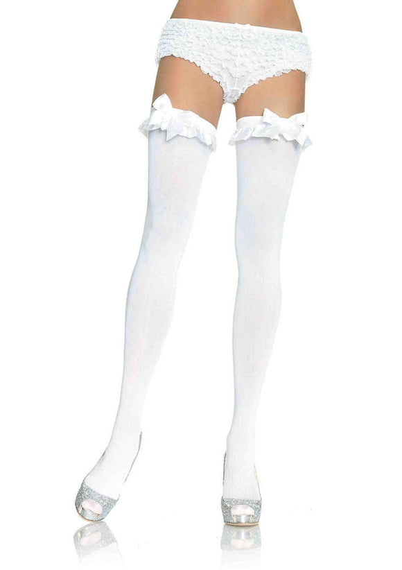 Opaque Thigh Highs With Satin Ruffle Trim and Bow - One Size - White LA-6010W