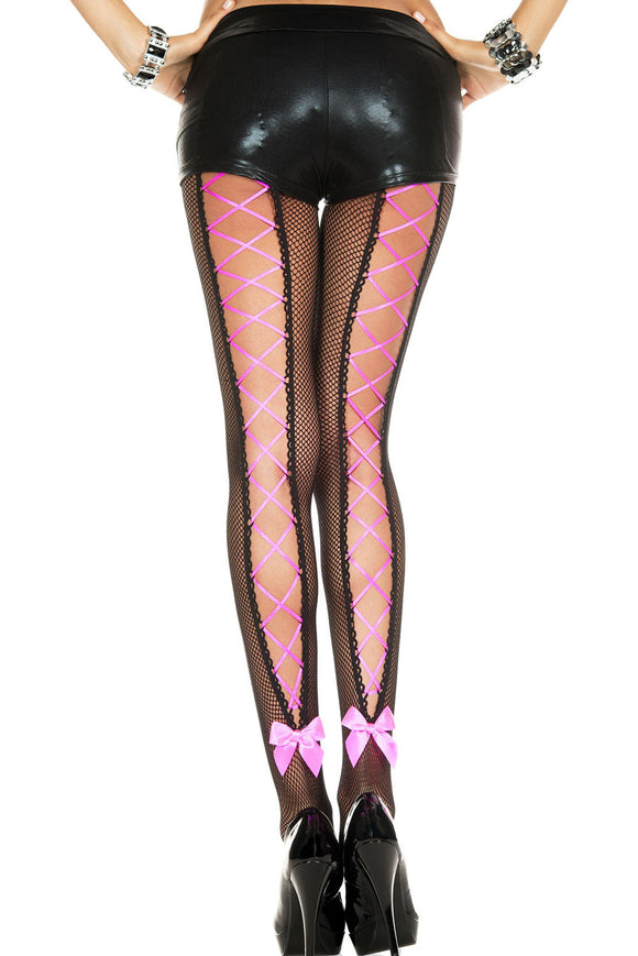 Lace Up Corset Back Fishnet Pantyhose With Satin Bow - One Size ML-50013BLKHTP